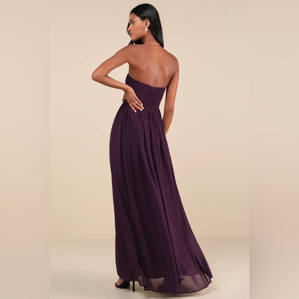 Lulus Luxe Favorite Dark Purple Strapless Ruched Maxi Dress - Picture 2 of 8
